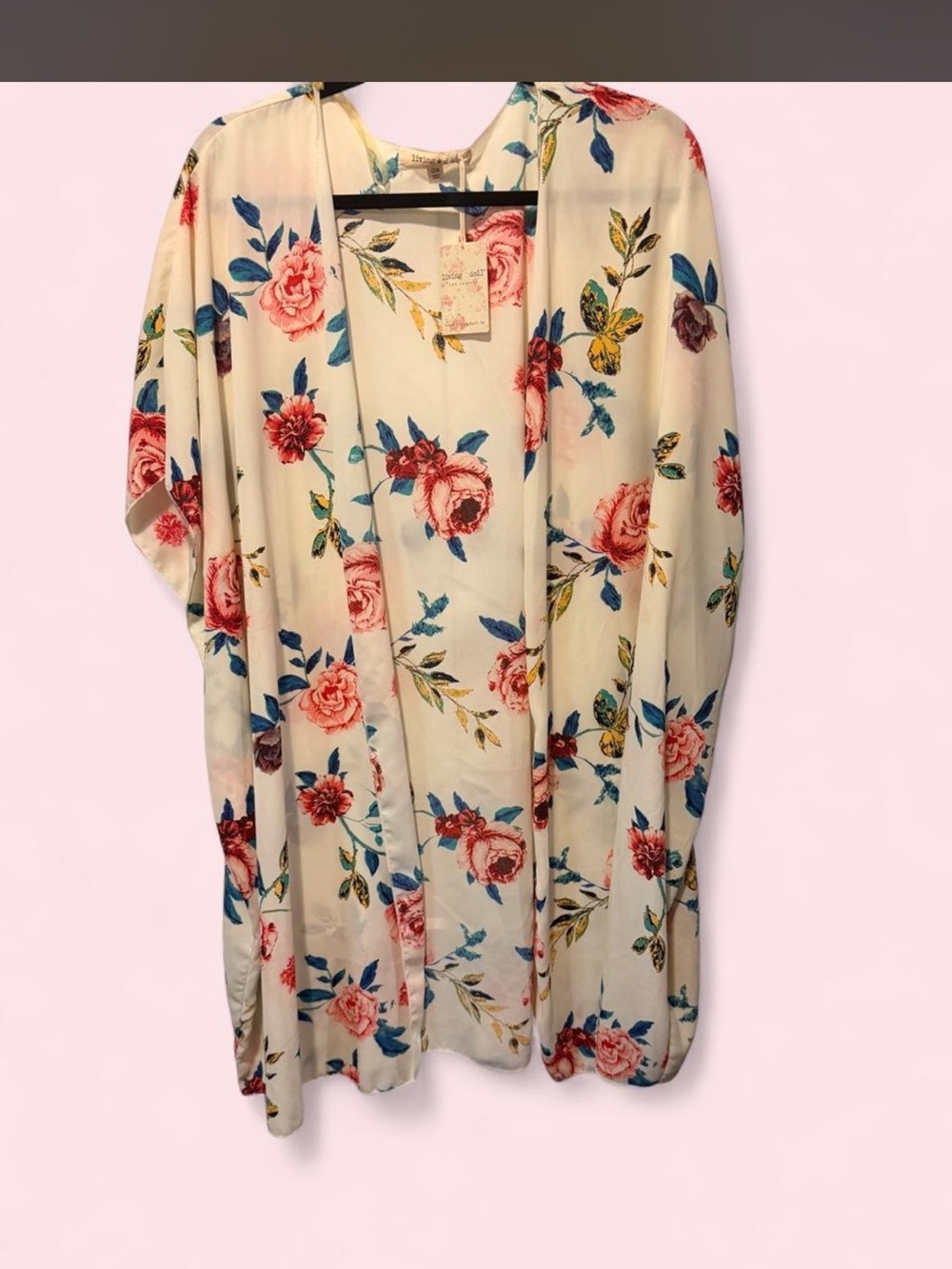 living doll Cream Open-Front Floral Kimono with Pink Roses